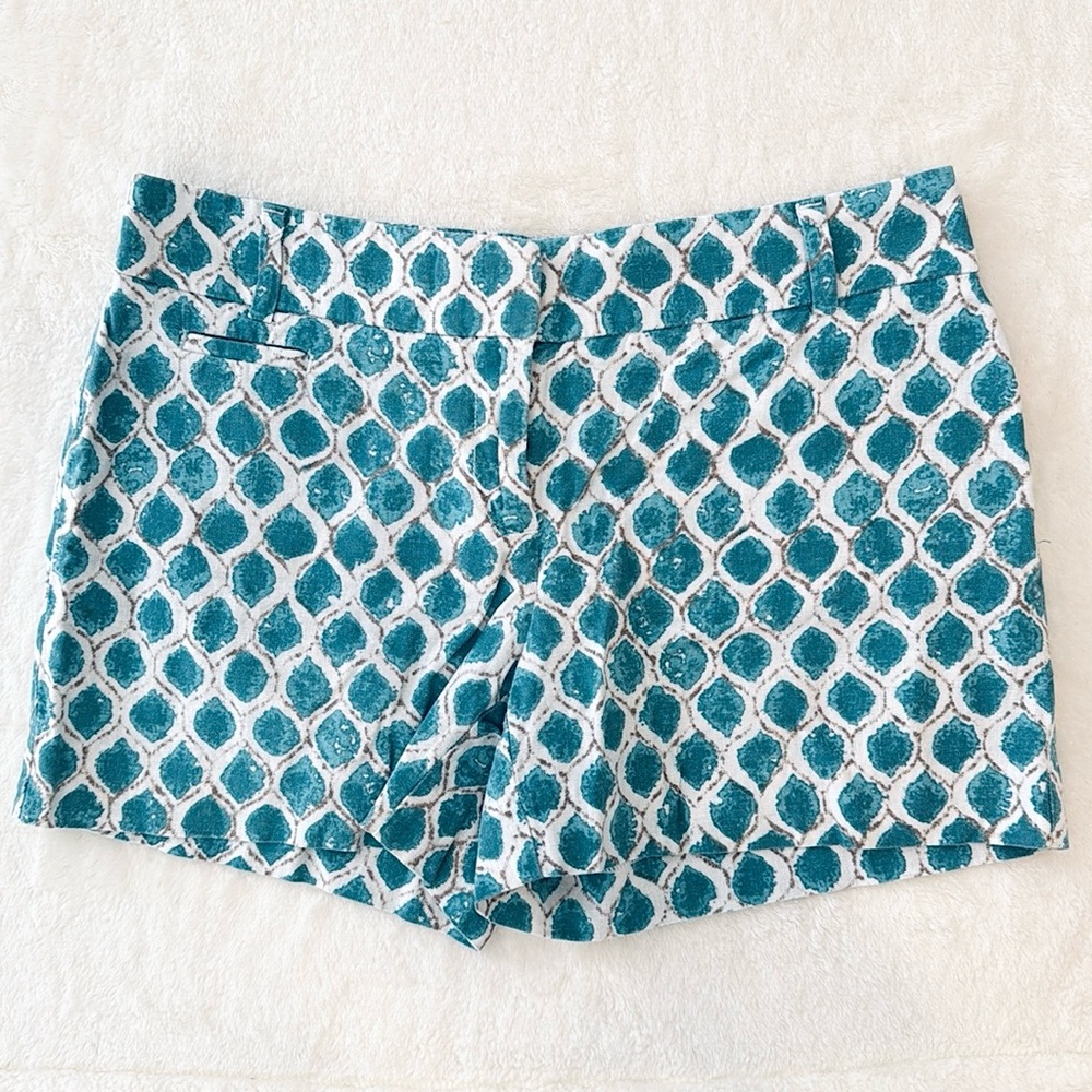 Loft Ann Taylor The Riviera Short Blue White Mosaic Geometric Print Linen Shorts